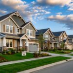 Row of new Craftsman-style homes with manicured lawns and a Welcome Home sign along a suburban street